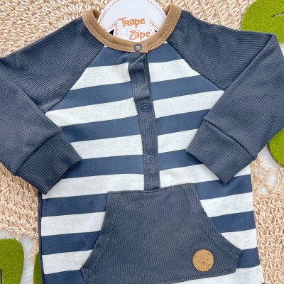 Macacão Canelado Listrado com Bolsinho - Cinza e Areia